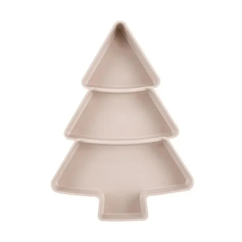 Tree-shaped, sectioned beige tray with three tiers, resembling a stylized Christmas tree. Ideal for serving snacks or small items.