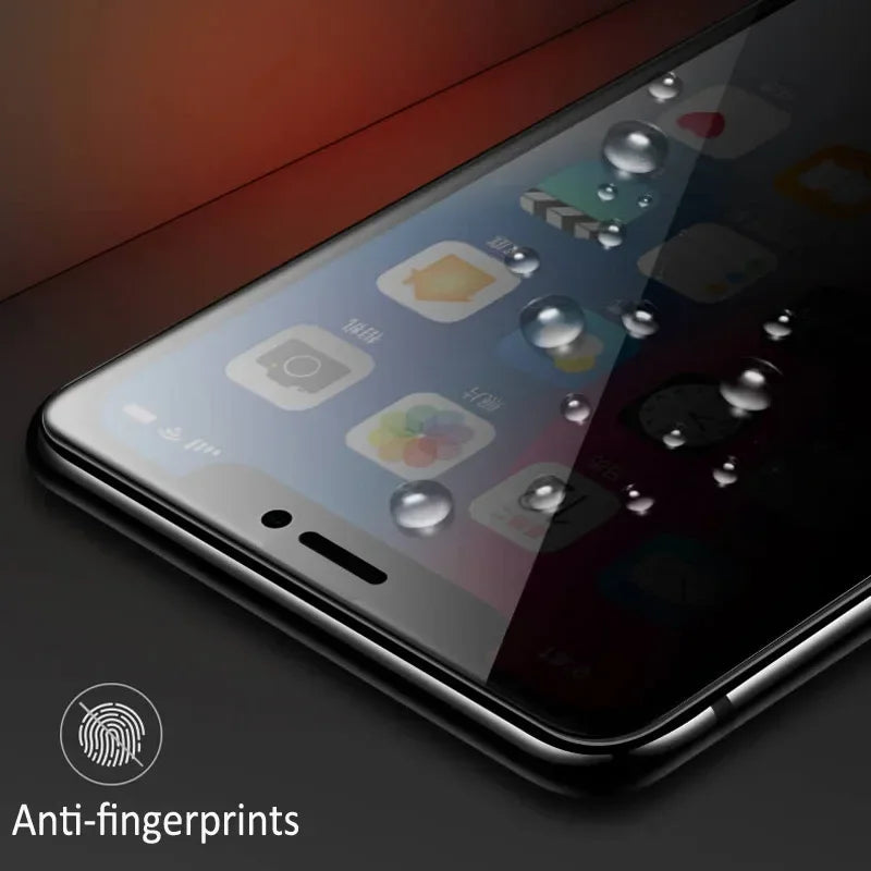 Close-up of a smartphone screen with water droplets showcasing an anti-fingerprint coating. Icons are visible beneath the droplets. The text reads “Anti-fingerprints” with a fingerprint icon.