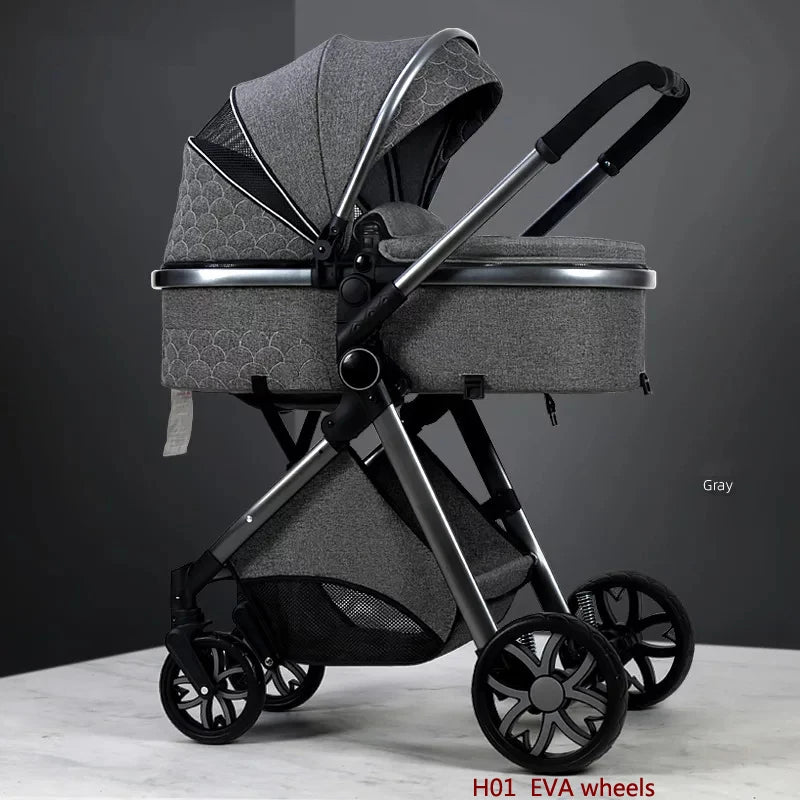 Grey baby stroller with a sleek metallic frame, featuring a quilted canopy, black handlebar, and four EVA wheels, placed against a dark background on a light floor.