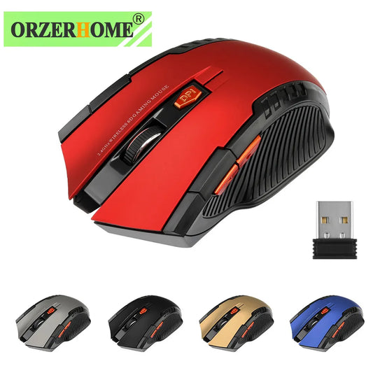 Red wireless gaming mouse with a DPI switch, accompanied by a USB receiver. Variants in black, gray, gold, and blue are displayed below. Brand logo "OrzerHome" is in the top left corner.