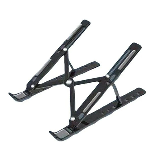 Adjustable black laptop stand with metal hinges and multiple slots for height customization. It is foldable and designed to provide ergonomic viewing angles.