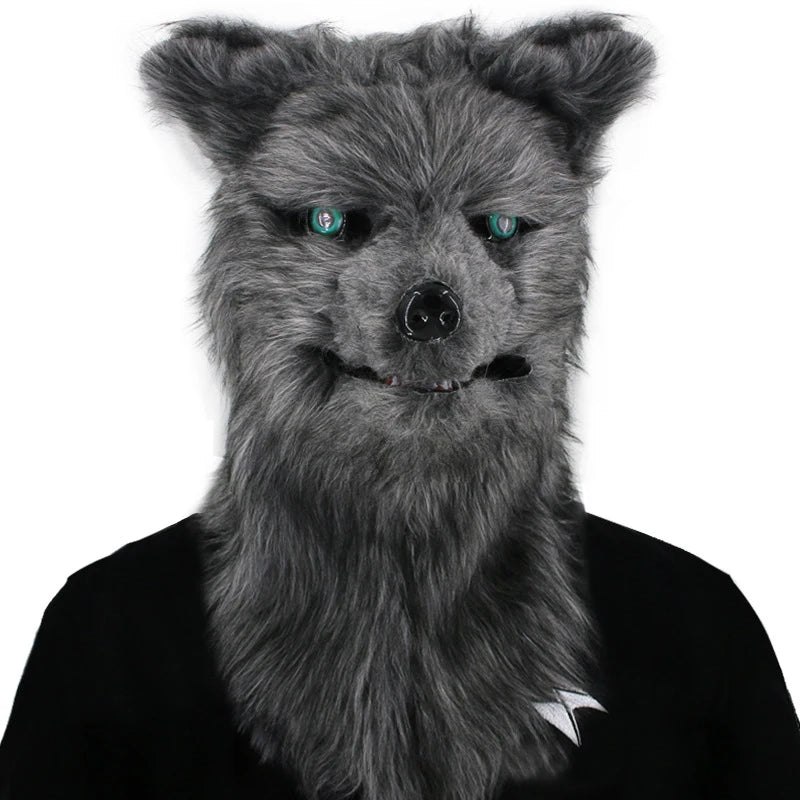 Gray werewolf mask with green eyes and detailed fur texture worn by a person in a black outfit.