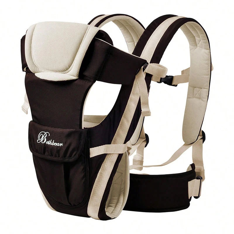 Black and beige baby carrier with padded straps and adjustable buckles. Front-facing design features a pocket labeled "Bethbear," suitable for hands-free child transport.