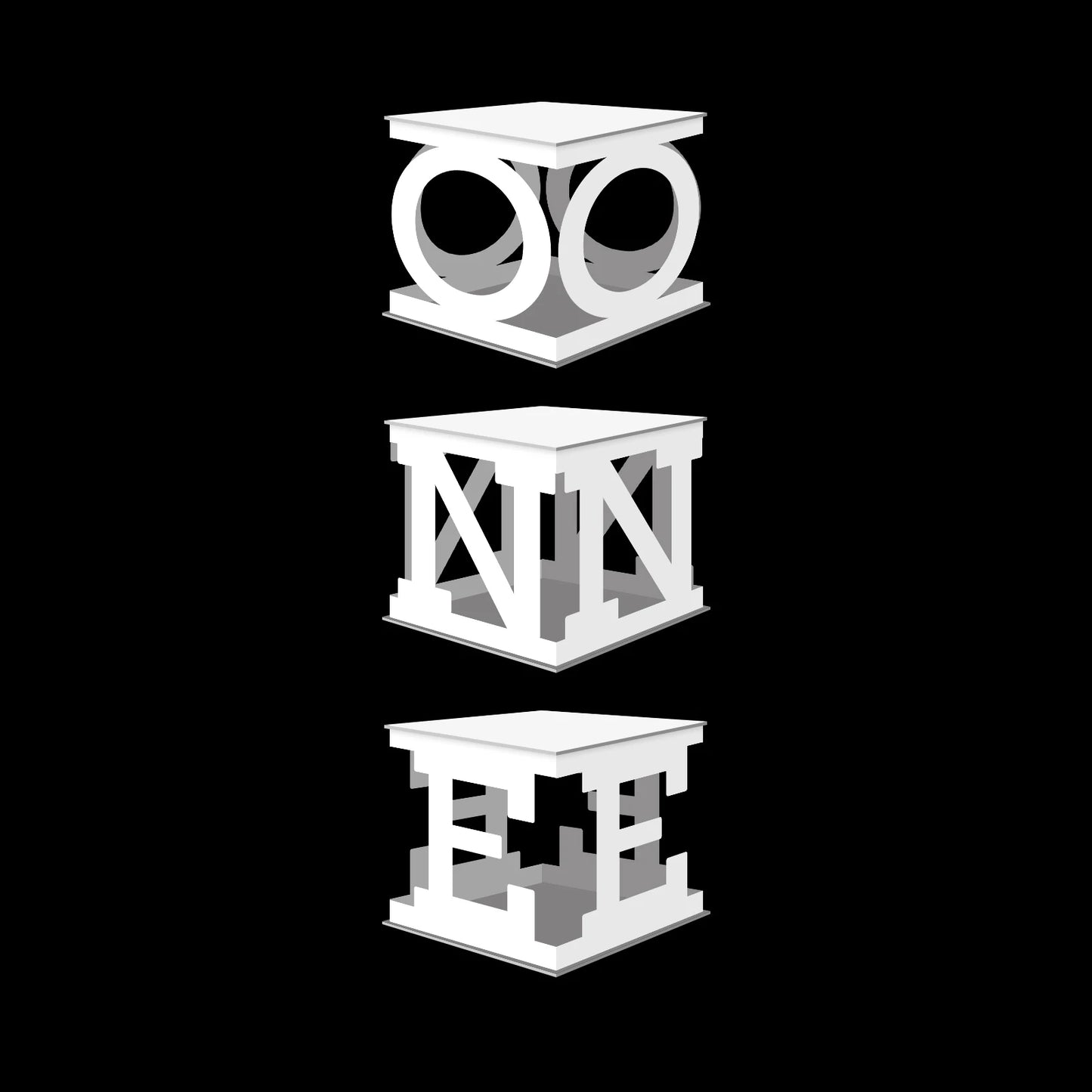 Three white cubic sculptures on a black background. The top has circular cutouts resembling "00," the middle features "NN" shapes, and the bottom shows "EE" structures.