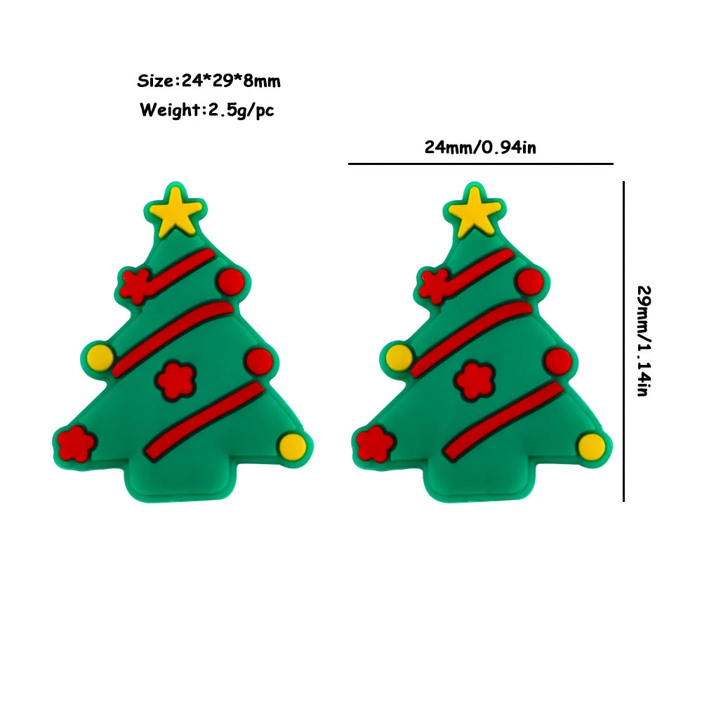 Two green Christmas tree decorations with red ribbons and yellow stars, each measuring 24x29x8mm and weighing 2.5g.