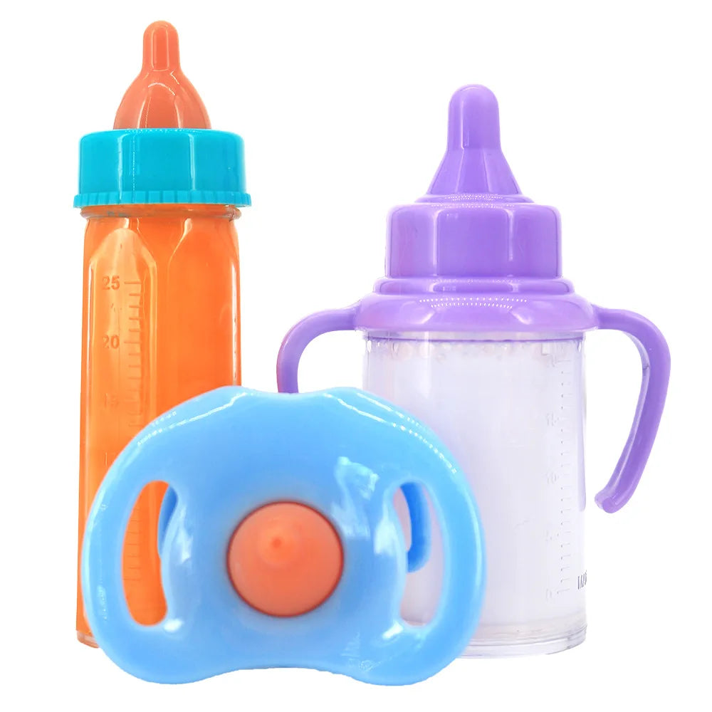 Bright toy set featuring an orange bottle with teal lid, a purple sippy cup, and a blue pacifier with an orange center.