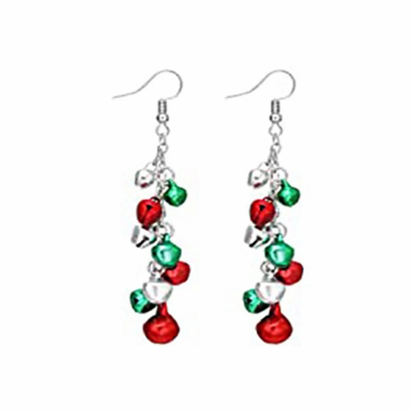 Dangling earrings featuring red, green, and silver jingle bells on a silver chain. Each earring has a hook clasp, suitable for festive occasions.