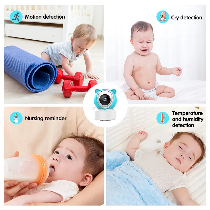 Collage of four baby monitoring features: motion detection with a crawling baby, cry detection with a crying baby, nursing reminder with a baby bottle feeding, and temperature detection with a sleeping baby.
