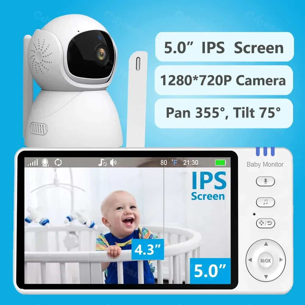 Baby monitor system with a camera and a 5.0" IPS screen. Features include 1280x720 resolution, 355° pan, 75° tilt. Display shows a baby in a crib smiling.