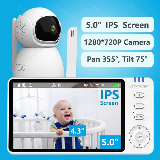 Baby monitor system with a camera and a 5.0" IPS screen. Features include 1280x720 resolution, 355° pan, 75° tilt. Display shows a baby in a crib smiling.
