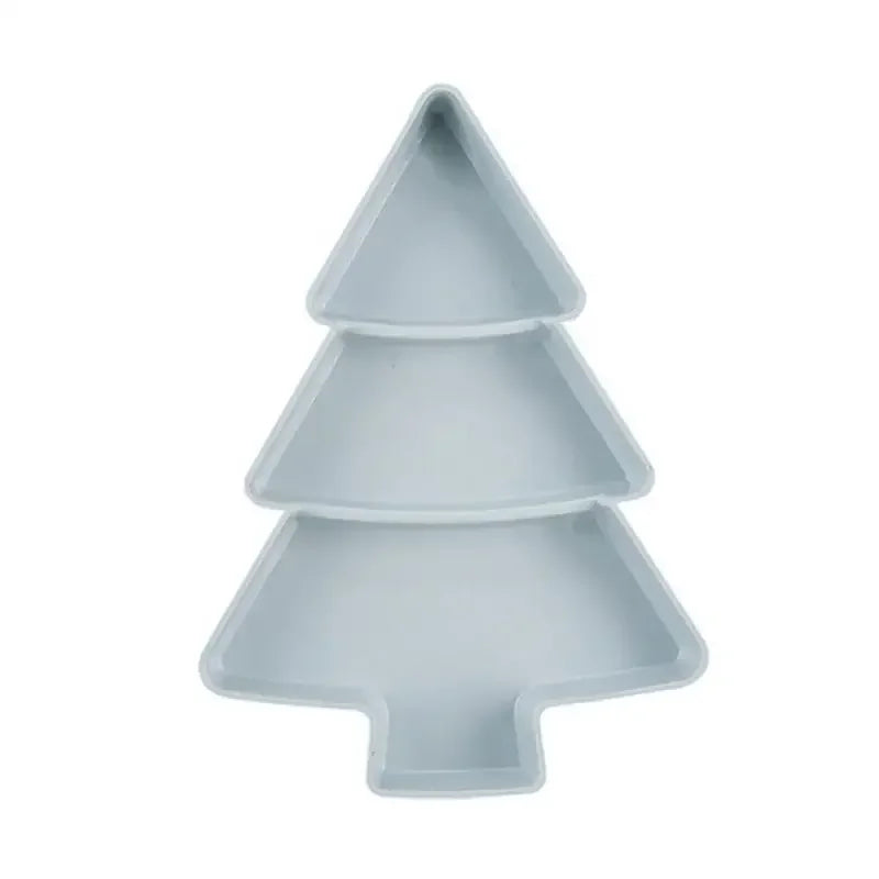 Gray, tiered, tree-shaped serving platter with four sections, resembling a Christmas tree, designed for appetizers or snacks.