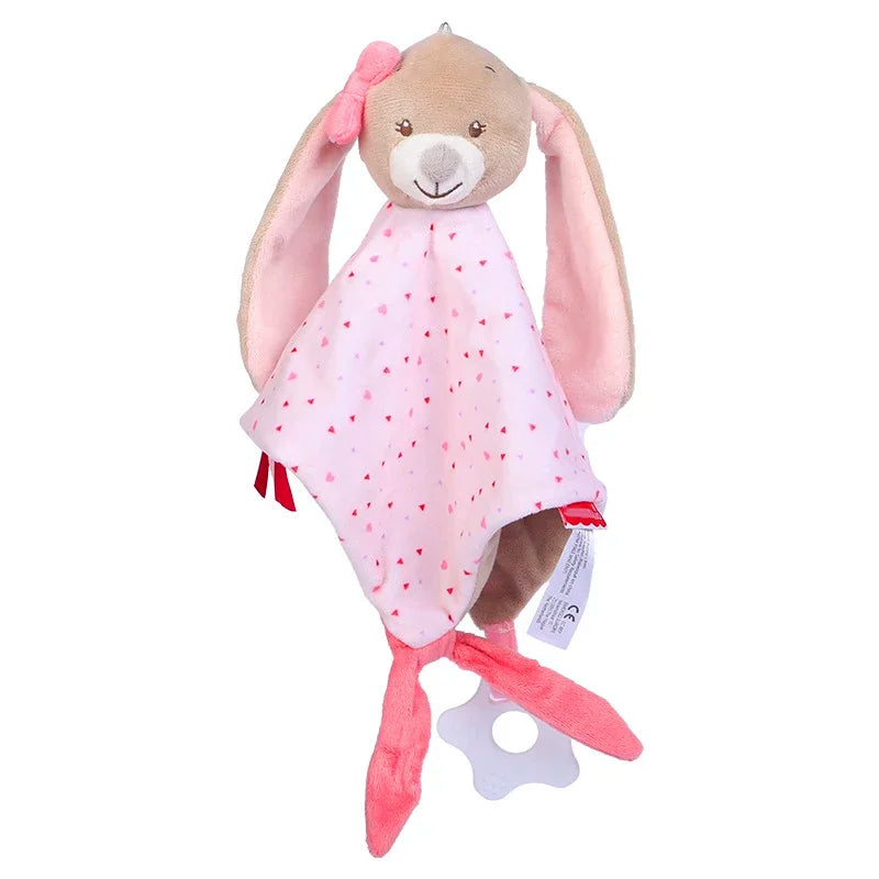 Plush toy with a brown bunny head, pink ears, and bow. It features a pink blanket with tiny heart patterns and red tags, plus a white teether at the end.