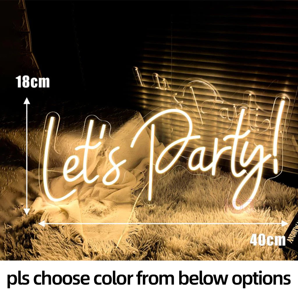 Neon sign reading "Let's Party!" glowing in a dim room, measuring 18cm by 40cm. The sign is placed on a textured surface, with a suggestion to choose color from options.