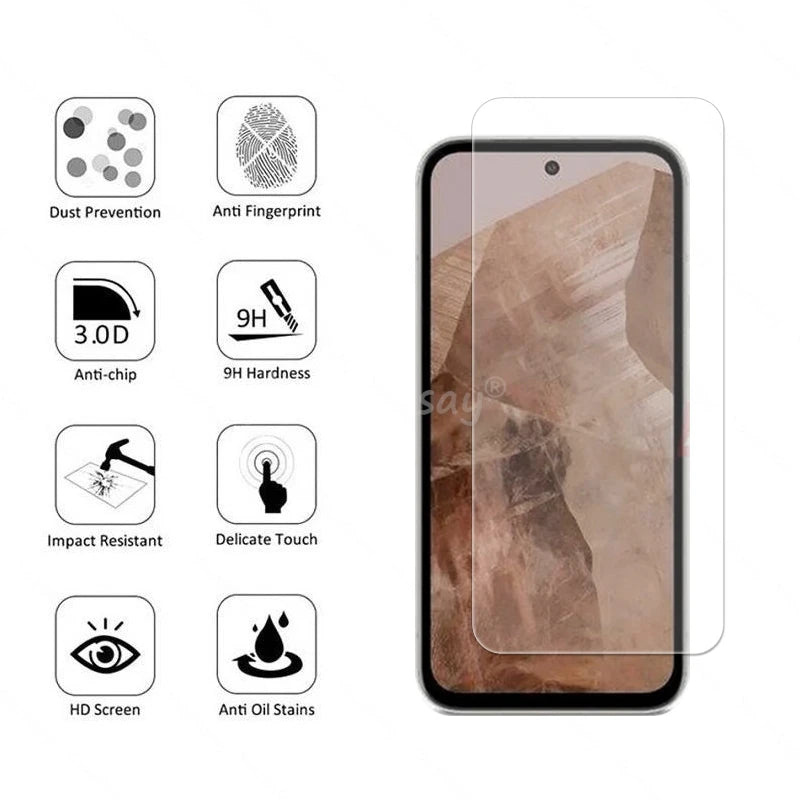 Smartphone screen protector next to illustrated features: dust prevention, anti-fingerprint, 3.0D anti-chip, 9H hardness, impact resistance, delicate touch, HD screen, anti-oil stains.