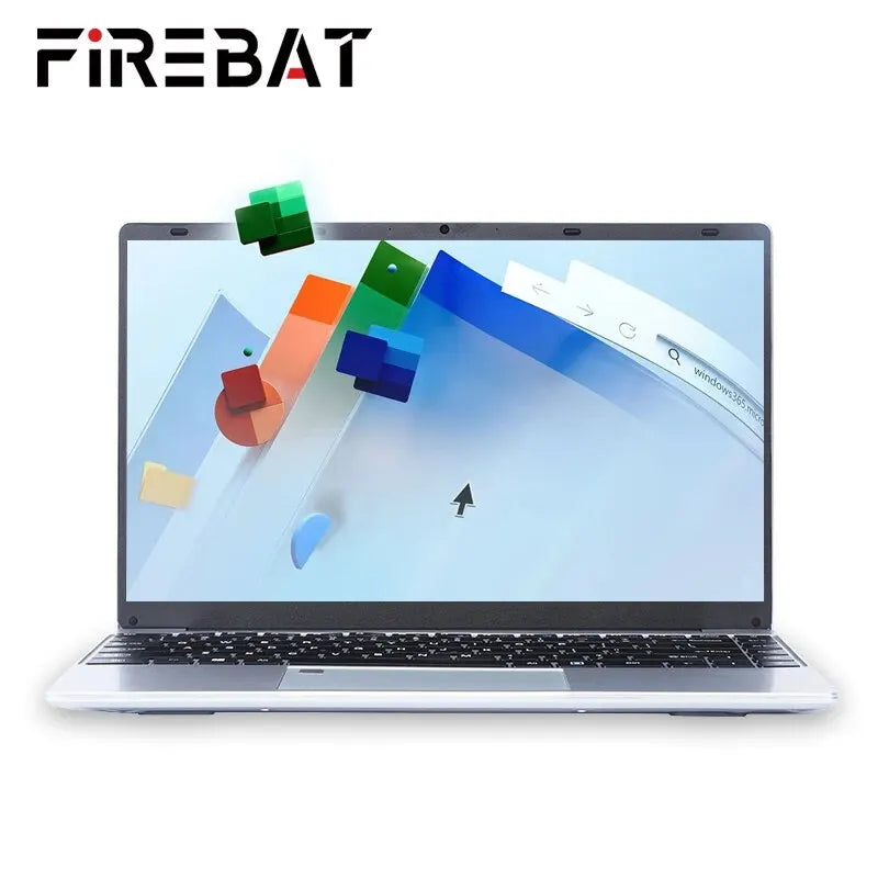 A laptop with a "Firebat" logo on the screen displays colorful 3D geometric shapes and arrows, including a web browser interface.
