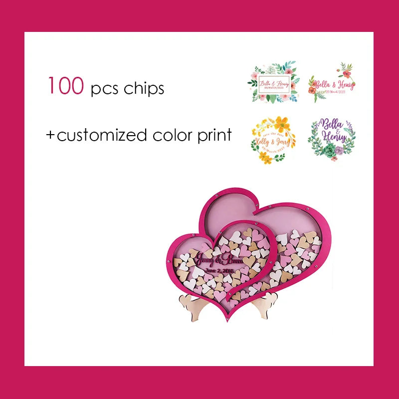 Heart-shaped guestbook with 100 wooden chips, featuring customizable color prints. Includes floral design options for personalized decoration in pink, yellow, and green.