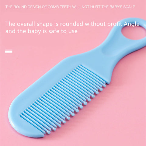 A light blue baby comb on a pink background with rounded teeth, designed for safety. Text above highlights its scalp-friendly design and non-sharp edges for safe use.