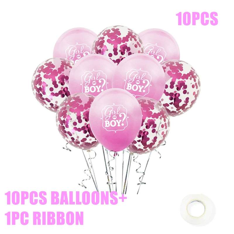Ten pink "Girl or Boy?" balloons, some with confetti, bundled with a ribbon and a roll of tape. Text reads "10PCS BALLOONS + 1PC RIBBON" and "10PCS" in pink.