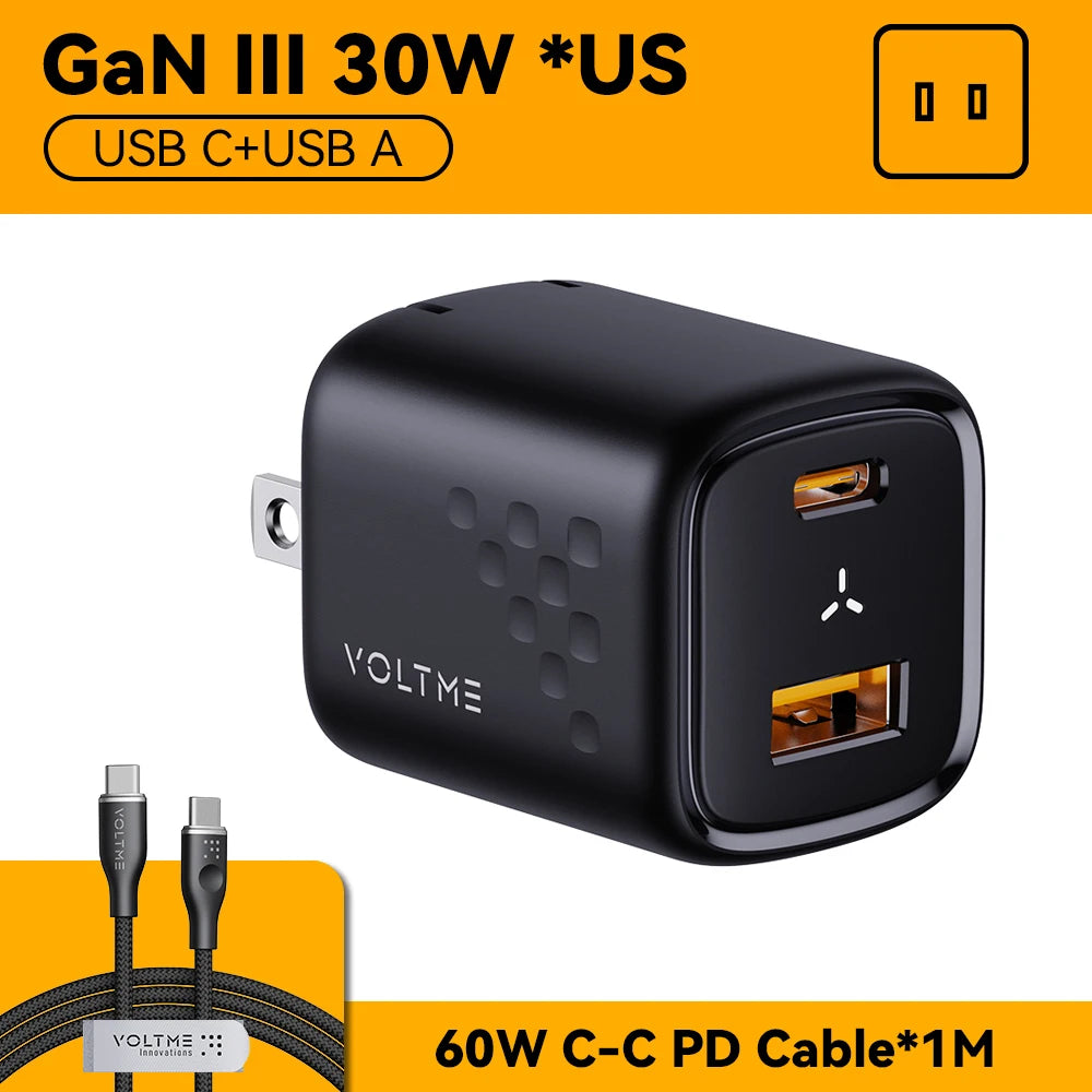 GaN III 30W US charger with USB-C and USB-A ports. Includes a 1-meter 60W USB-C to USB-C PD cable. Compact, black design with VOLTME branding.