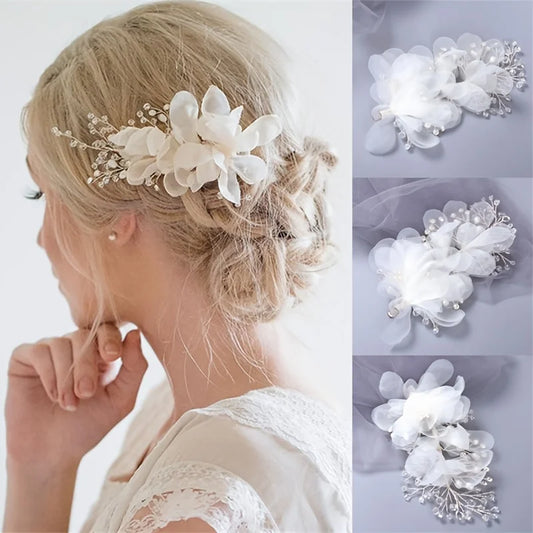 Blonde woman with a braided updo adorned with white floral hairpieces featuring petals and pearls. Adjacent images show close-ups of the hairpieces on a neutral background.