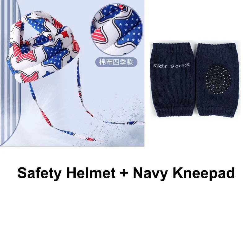 Children's safety helmet with star-patterned fabric and adjustable straps, paired with navy kneepads featuring non-slip grip dots and the text "Kid's Socks."