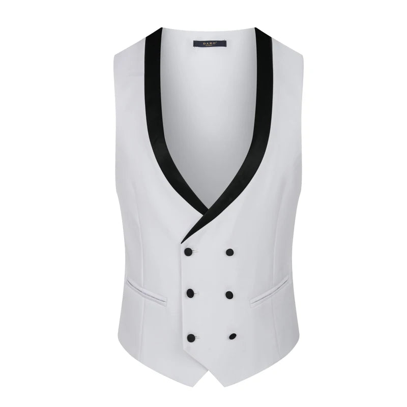 White double-breasted tuxedo vest with a black satin shawl collar and black buttons. Features two front pockets and a sleek design suitable for formal occasions.