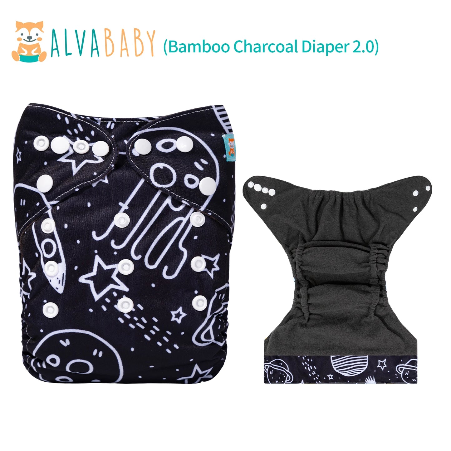 Black bamboo charcoal diaper with a space-themed pattern featuring rockets and stars, alongside a matching black inner liner. Brand logo and name "Alvababy" visible at the top.
