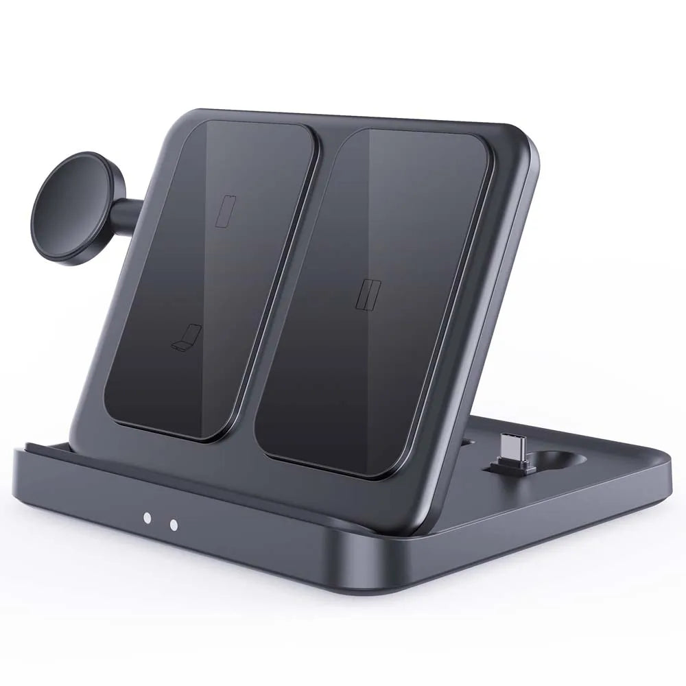 A sleek black wireless charging station with angled slots for two devices, an Apple Watch charging disc on the side, and a connector for AirPods on the base.