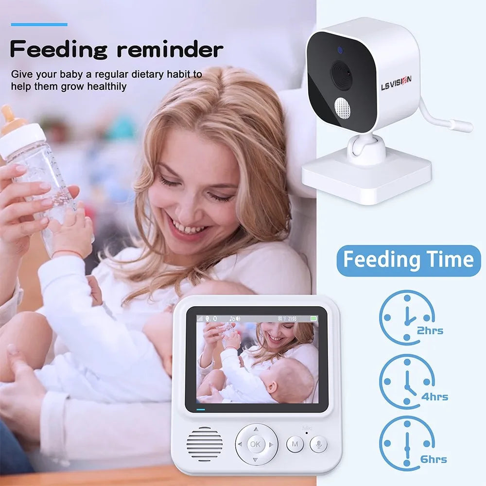 A smiling woman feeds a baby with a bottle. Nearby is a baby monitor showing their image. Text reads “Feeding reminder” and highlights feeding times: 2, 4, and 6 hours.