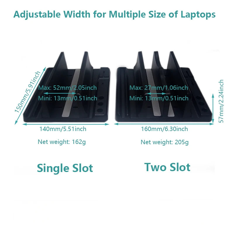 Adjustable laptop stands with single and double slots. Single slot: 140mm wide, 150mm high, weighs 162g. Double slot: 160mm wide, 57mm high, weighs 205g. Slots fit various sizes.