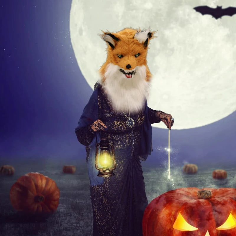 A figure with a fox mask wears a dark dress, holding a glowing lantern and a wand. A jack-o'-lantern and full moon with bats create a spooky backdrop.