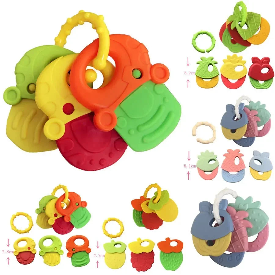 Colorful baby teething toys shaped like fruits. Sets include green, yellow, red, orange, and blue designs, each on a ring. Various configurations shown with measurements.