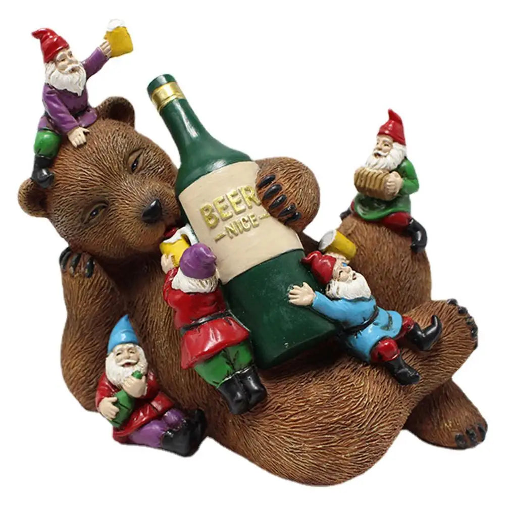 A whimsical scene with a bear holding a large beer bottle labeled "Beer Nice," surrounded by five playful gnomes in colorful outfits climbing and sitting on the bear.