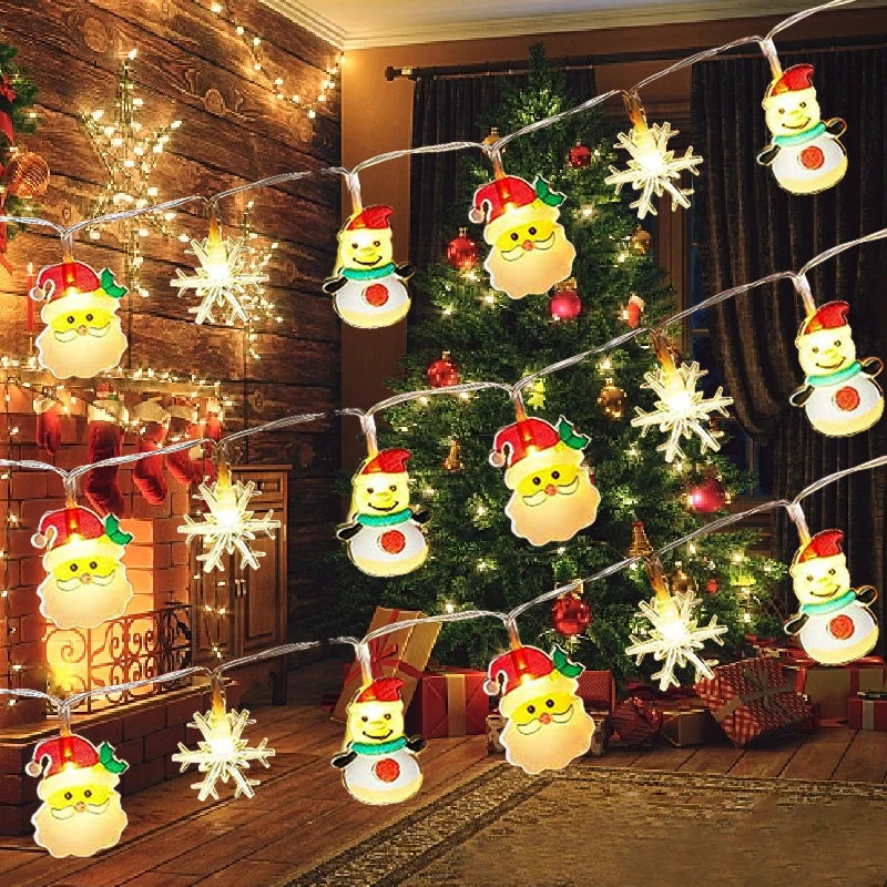 Festive room with a decorated Christmas tree, stockings by the fireplace, and glowing string lights featuring Santa, snowmen, and snowflakes creating a warm holiday ambiance.