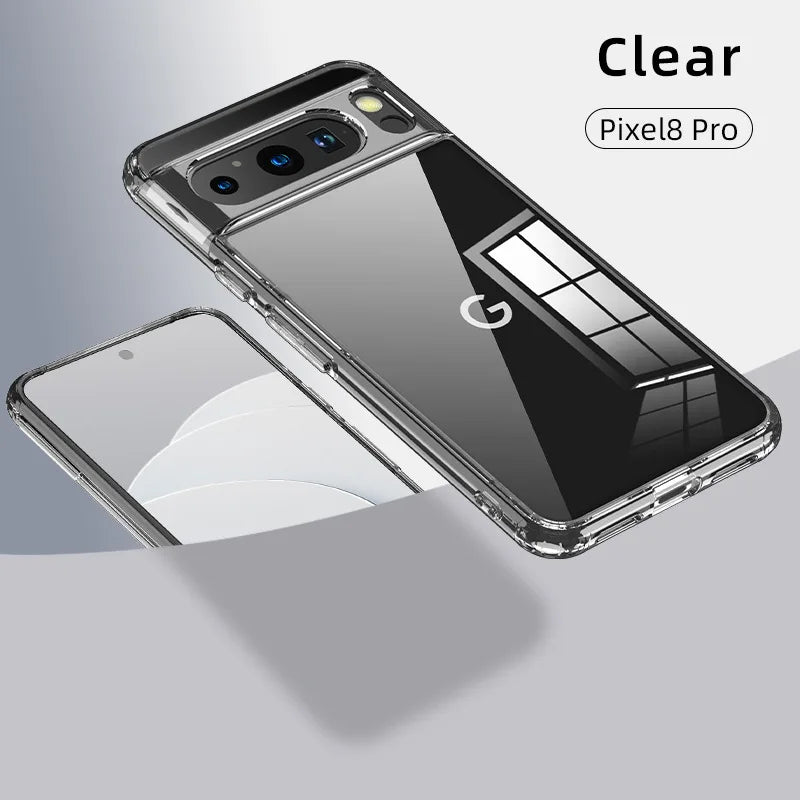 Clear case for Pixel8 Pro, showcasing back camera, reflective surface with a window pattern. "Clear" and "Pixel8 Pro" text overlay. Phone screen partially visible.