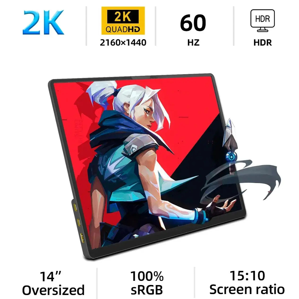 A 2K 14-inch monitor with 2160x1440 resolution, 60Hz refresh rate, HDR, and 100% sRGB. Features a stylized character on a red and black background. Screen ratio is 15:10.