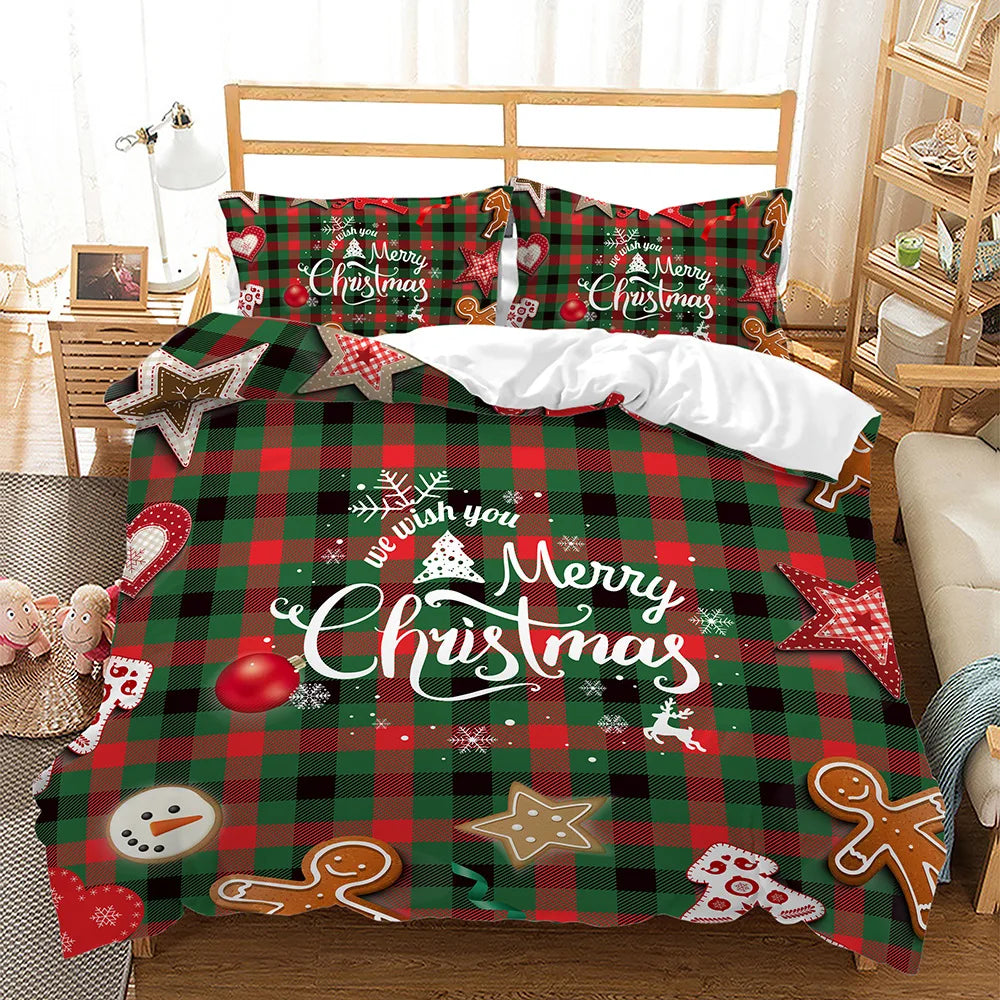 Holiday-themed bedding with a red and green plaid pattern, featuring "Merry Christmas" text, cookies, snowflakes, and ornaments. The room has wooden furniture and plush toys.