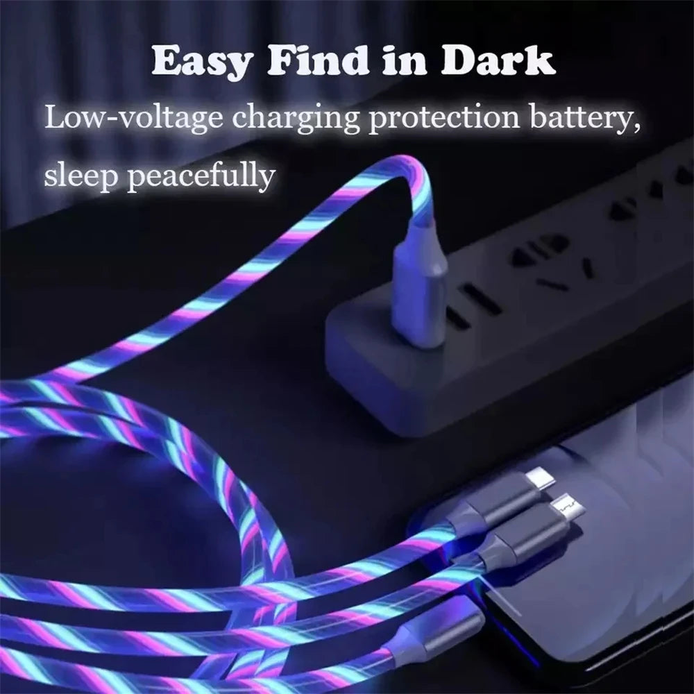 Glowing charger cables plugged into a power strip and a smartphone. Text reads "Easy Find in Dark, Low-voltage charging protection battery, sleep peacefully" on a dark background.