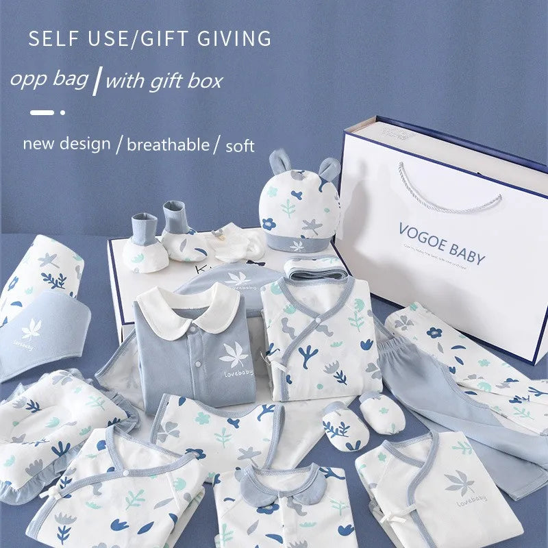Baby clothing set with floral patterns, in shades of blue and white, includes onesies, hat, mittens, and socks. Packaged in a "Vogoe Baby" gift box for gifting.