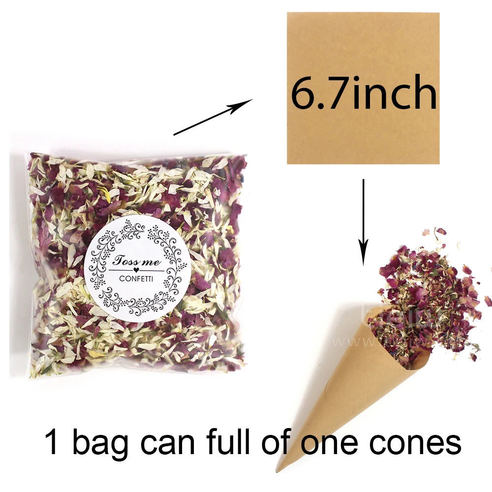 Clear bag of dried flower confetti labeled "Toss me," next to a 6.7-inch square. A brown paper cone is filled with confetti. Text: "1 bag can fill one cone."