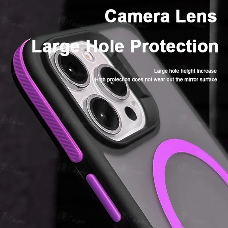 A phone case with purple accents features large openings for the camera lens, ensuring protection. Text highlights its design benefits, noting protection and prevention of wear.