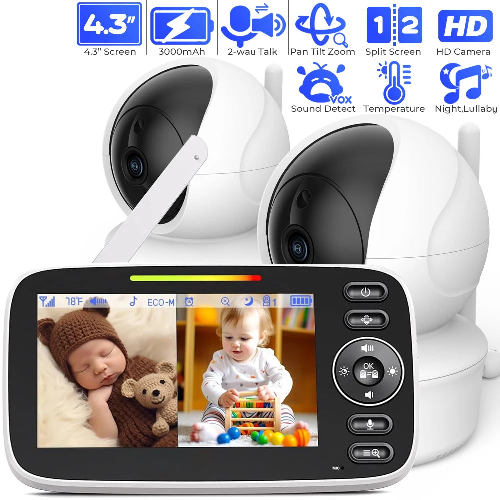 Baby monitor system with two cameras and a 4.3" split-screen display showing sleeping and playing infants. Features include two-way talk, HD video, and temperature monitoring.