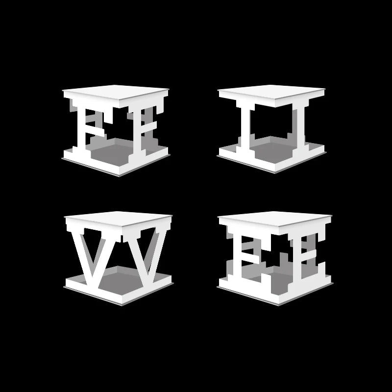 Four white 3D cubes with intricate cut-out designs on a black background. Each cube has a unique structural pattern resembling letters.
