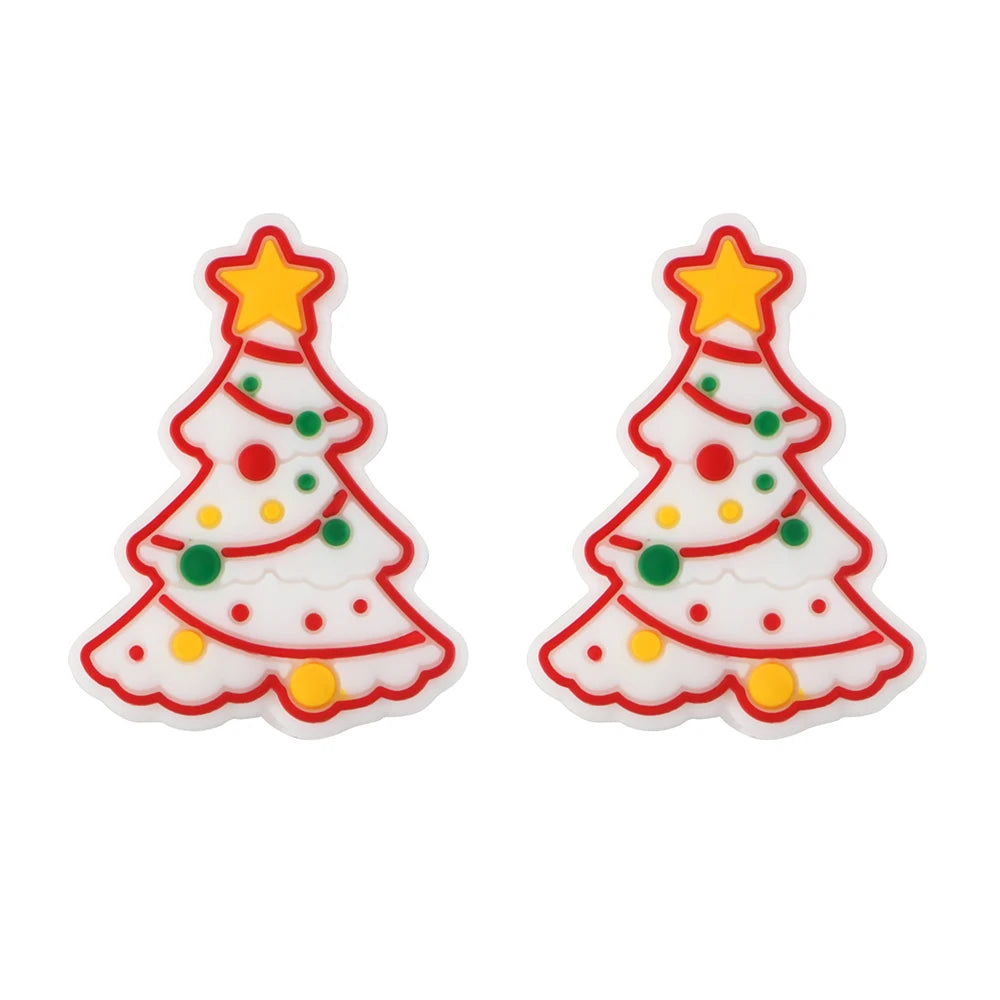 Two stylized Christmas tree decorations with red outlines, multicolored baubles, and yellow stars on top against a white background.