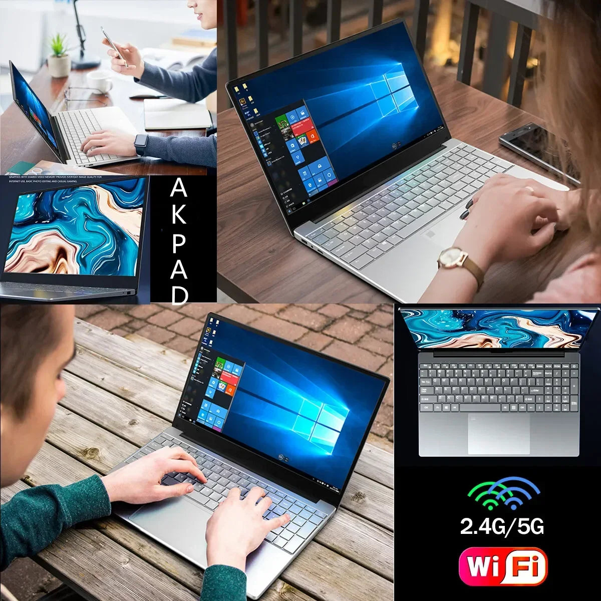 Collage of silver laptops with Windows interface in various settings: a café, outdoors, and desk. Features include sleek design and WiFi options, highlighting the AKPAD brand.
