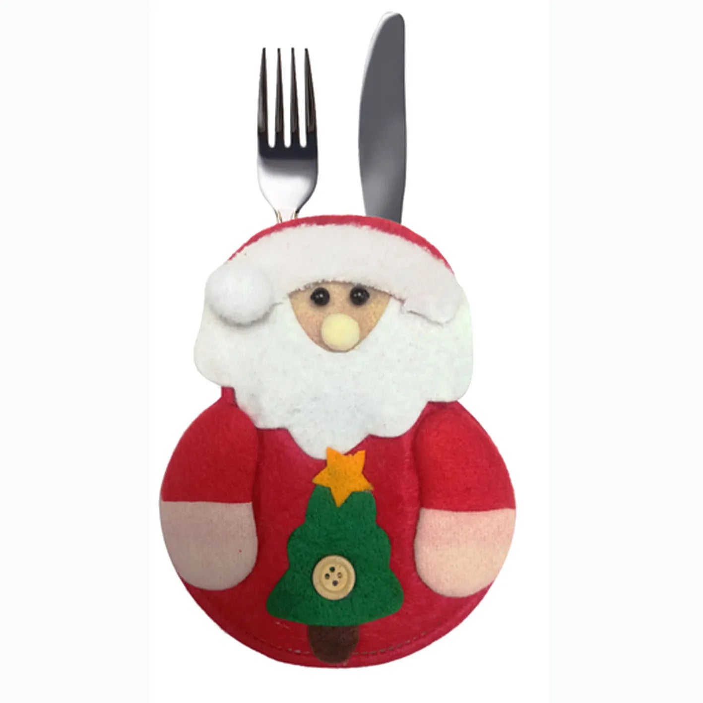 A felt utensil holder shaped like Santa, featuring a red suit, white beard, and green Christmas tree with a button. It holds a fork and knife sticking out the top.