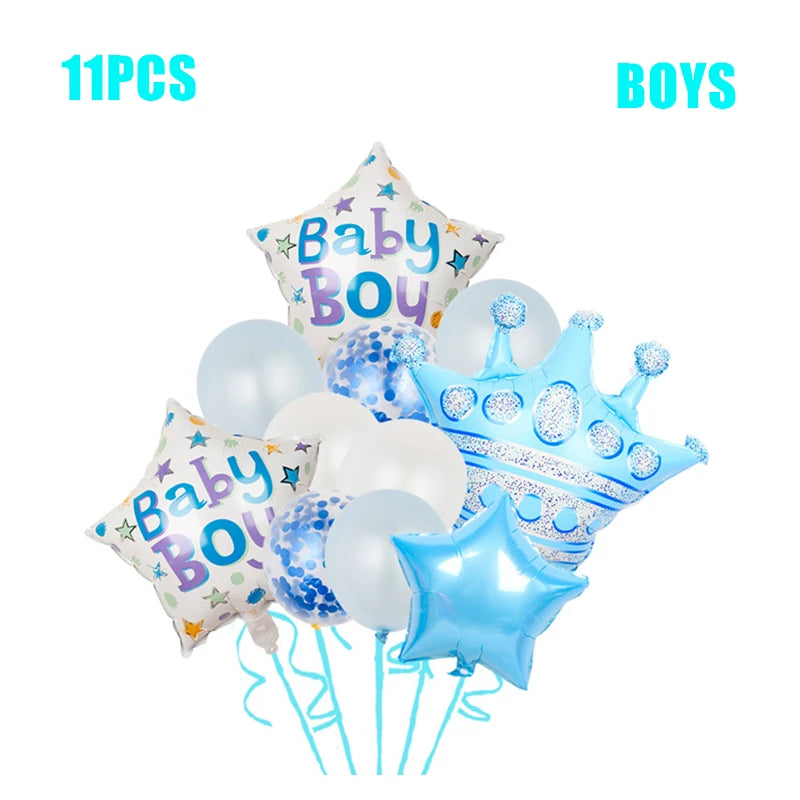 Blue and white balloon set for a baby boy celebration, featuring star-shaped "Baby Boy" and crown balloons, alongside solid and confetti-filled balloons. Total of 11 pieces.