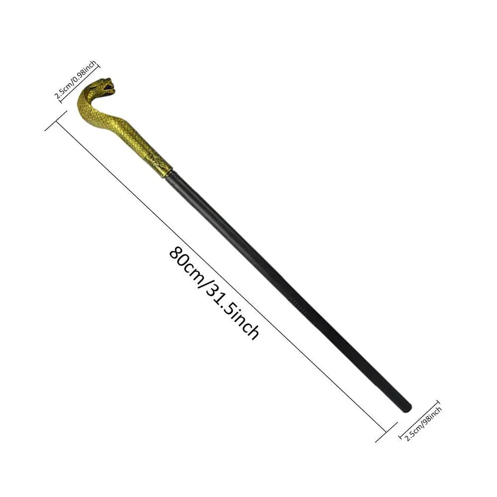 Black walking cane with a gold snake-shaped handle, measuring 80 cm in length and 2.5 cm in width at both top and base, shown against a white background.