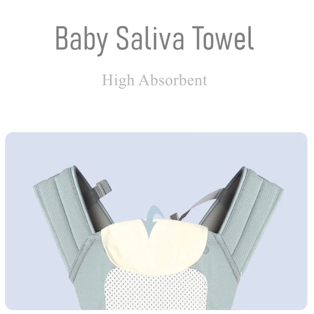 A soft, high-absorbent baby saliva towel attached to a light gray baby carrier, designed to keep infants dry and comfortable.