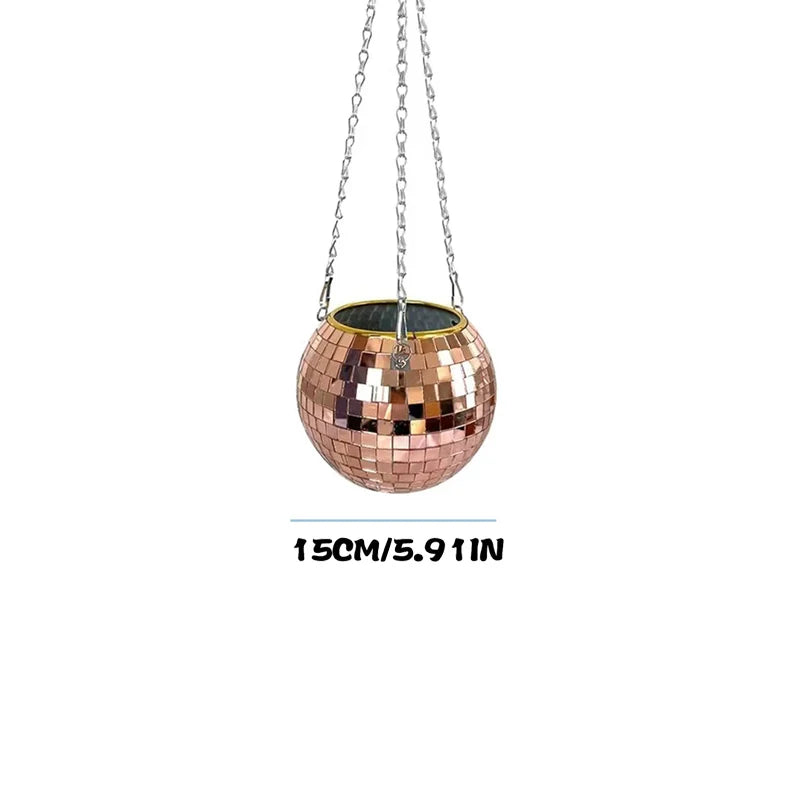 Hanging rose gold disco ball planter with shiny mosaic tiles, measuring 15cm (5.91 inches) in diameter, suspended by three silver chains.